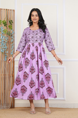 Priyshi Designing Women Printed Flared Kurta(Purple)