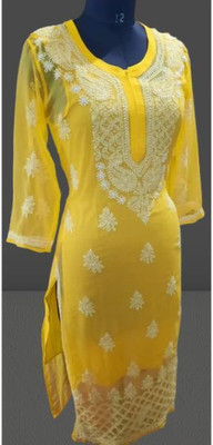 KKHANSHENTP Women Chikan Embroidery Ethnic Dress Kurta(Yellow)