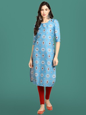 EthnicBasket Women Printed Straight Kurta(Light Blue, White, Red)