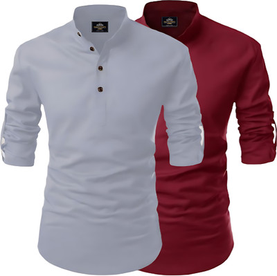 Kavyangle Creation Men Solid Straight Kurta(Grey, Maroon)