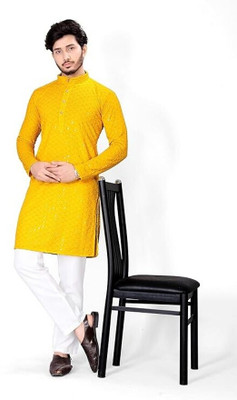 HouseOfCommon Men Self Design Straight Kurta(Yellow)