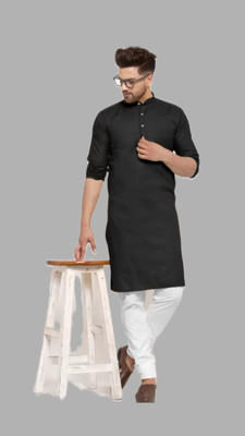 HouseOfCommon Men Solid A-line Kurta(Black)