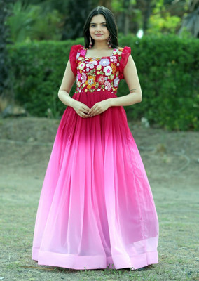 FOXDX Women Embroidered, Printed Gown Kurta(Pink)