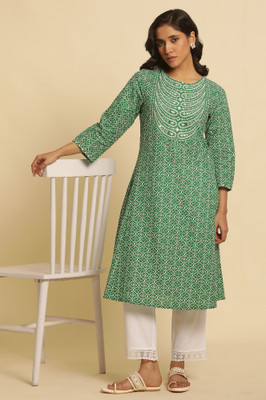W Women Geometric Print A-line Kurta(Green)