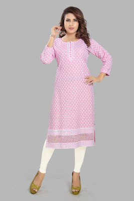 Dream Desi Women Embroidered Straight Kurta(Pink)