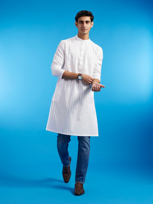 DIWAS by Manyavar Men Self Design, Striped Straight Kurta(White)