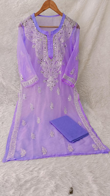 ul bmuS Women Chikan Embroidery, Embellished, Embroidered A-line Kurta(Purple)