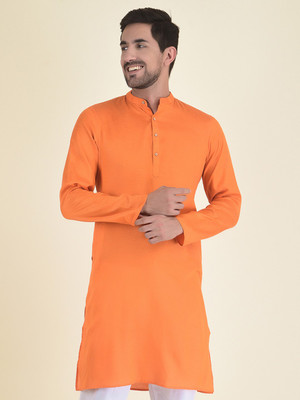 DEYANN Men Woven Design Straight Kurta(Orange)