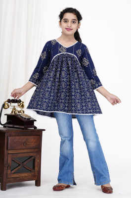 DMP EXPORT Girls Floral Print A-line Kurta(Dark Blue)