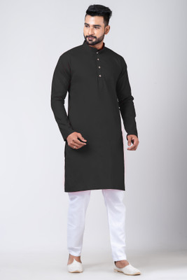 Rainbow Cloths Men Self Design Straight Kurta(Black)