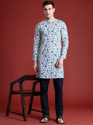 ANOUK Men Floral Print Straight Kurta(White)