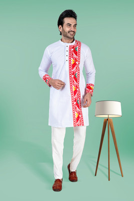 Ashoka Men Self Design Straight Kurta(White, Red)