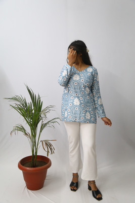 aanzri Women Printed A-line Kurta(Light Blue)