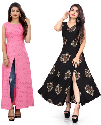 Modli 20 Fashion Women Floral Print Frontslit Kurta(Black)