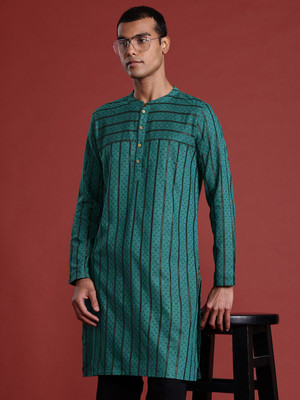 ANOUK Men Striped Straight Kurta(Green)