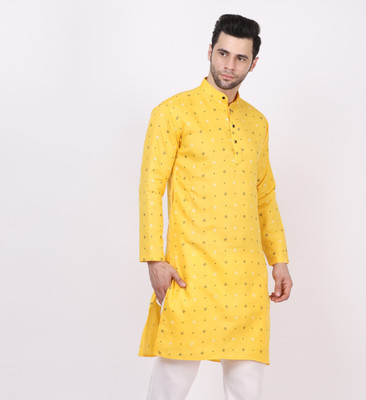 TABROONN Men Printed Straight Kurta(Yellow, Gold)