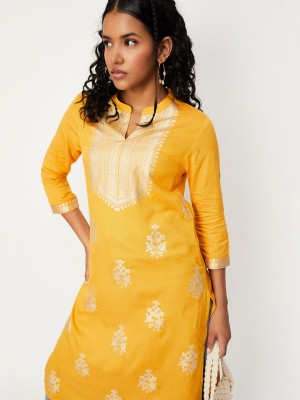 MAX Women Printed Straight Kurta(Yellow, Gold)