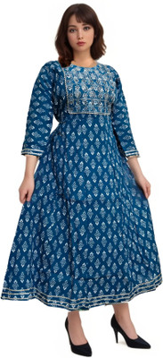 Samyak Decors Women Block Print Anarkali Kurta(Blue)