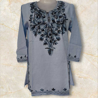 Anshi zari arts Women Embroidered A-line Kurta(Light Blue)