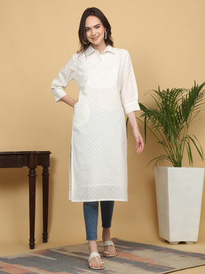 HouseOfCommon Women Printed Straight Kurta(White)