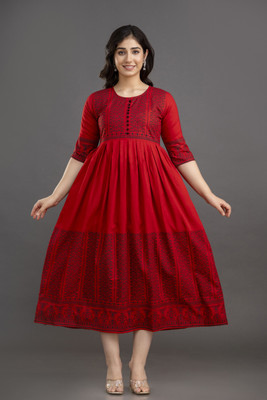 CLOTHING HOUSE Women Printed Flared Kurta(Maroon)