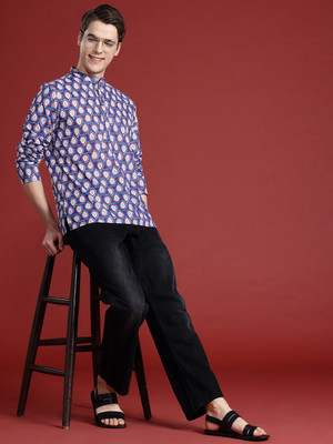ANOUK Men Printed Straight Kurta(Blue)