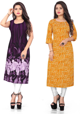 maruti fab Women Floral Print Straight Kurta(Purple, Yellow)