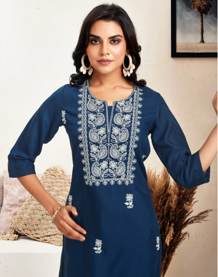 Skylee Women Chikan Embroidery, Embellished, Dyed/Ombre, Self Design Straight Kurta(Dark Blue)