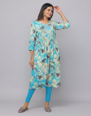 ANAVARANA Women Floral Print Anarkali Kurta(Blue)