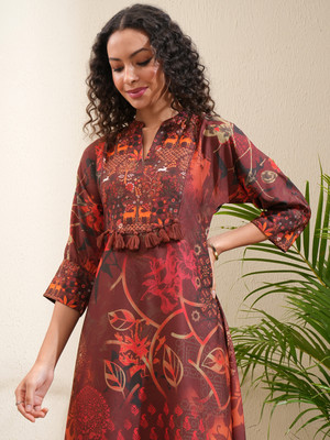 Vishudh Women Printed A-line Kurta(Brown)
