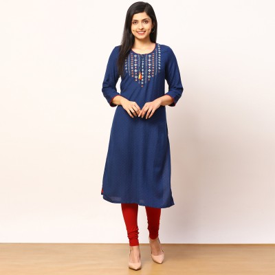 RANGRITI Women Printed Straight Kurta(Dark Blue, White)