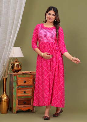 GUNINI Women Printed Anarkali Kurta(Pink)