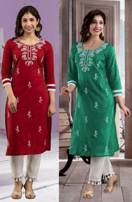 vikshi Women Chikan Embroidery Straight Kurta(Multicolor)