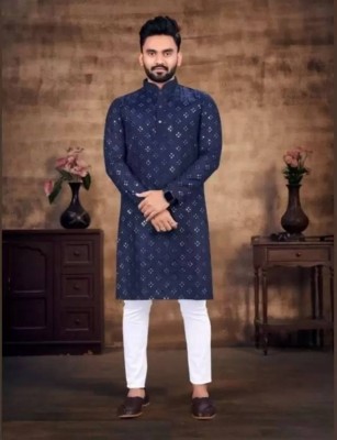 Shopy Unlimited Men Embroidered Straight Kurta(Dark Blue)