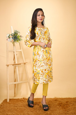 Aashish Tex Women Floral Print Straight Kurta(Yellow)