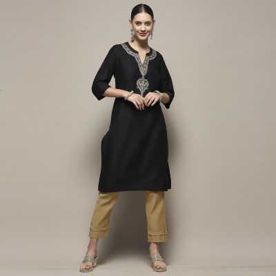 BIBA Women Embroidered Straight Kurta(Black)