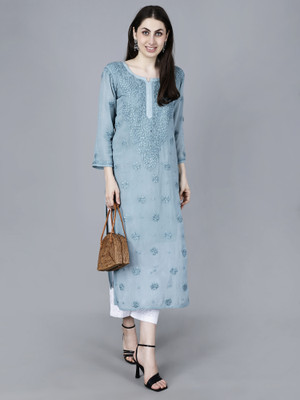 The Chikankari Story Women Chikan Embroidery Straight Kurta(Grey)