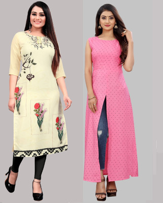 maruti fab Women Floral Print Straight Kurta(Beige)
