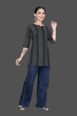 Texpa Creationma Women Striped A-line Kurta(Grey)