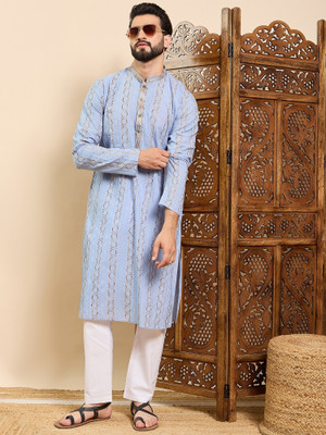 House of Pataudi Men Printed Straight Kurta(Blue)