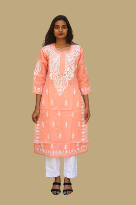 J K FASHION Women Chikan Embroidery, Embroidered Straight Kurta(Pink)