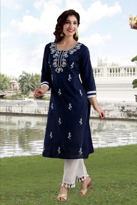 vikshi Women Chikan Embroidery Straight Kurta(Blue, White)