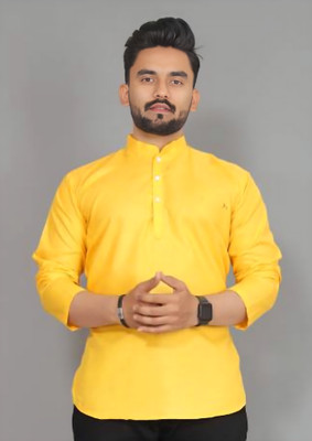 OMKAR EN TRENDS Men Printed Straight Kurta(Yellow)
