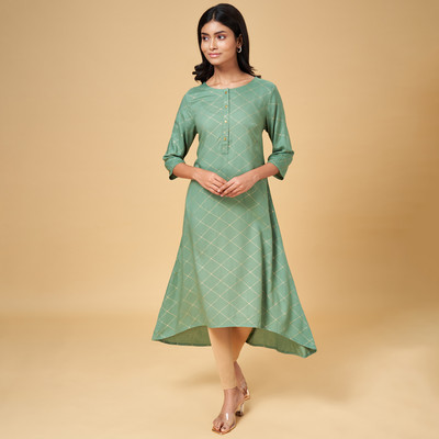 YU by Pantaloons Women Checkered Asymmetric Kurta(Green)