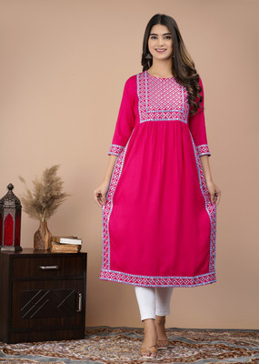 ASHISH PRINT Women Embroidered A-line Kurta(Pink, White)