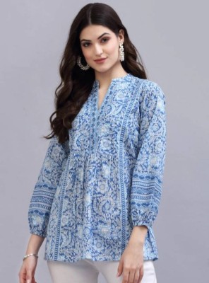 sarswa Women Printed Flared Kurta(Light Blue)