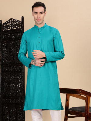 House of Pataudi Men Printed Straight Kurta(Light Blue)