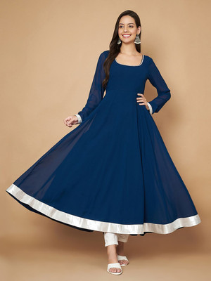 Poshak Hub Women Embroidered Anarkali Kurta(Dark Blue)