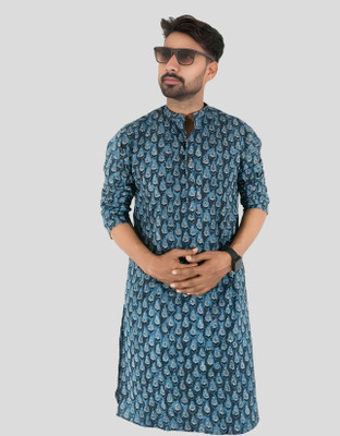 LADSLOOM Men Printed Straight Kurta(Dark Blue)