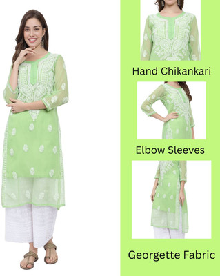 Ekkambar Women Chikan Embroidery Straight Kurta(Green)